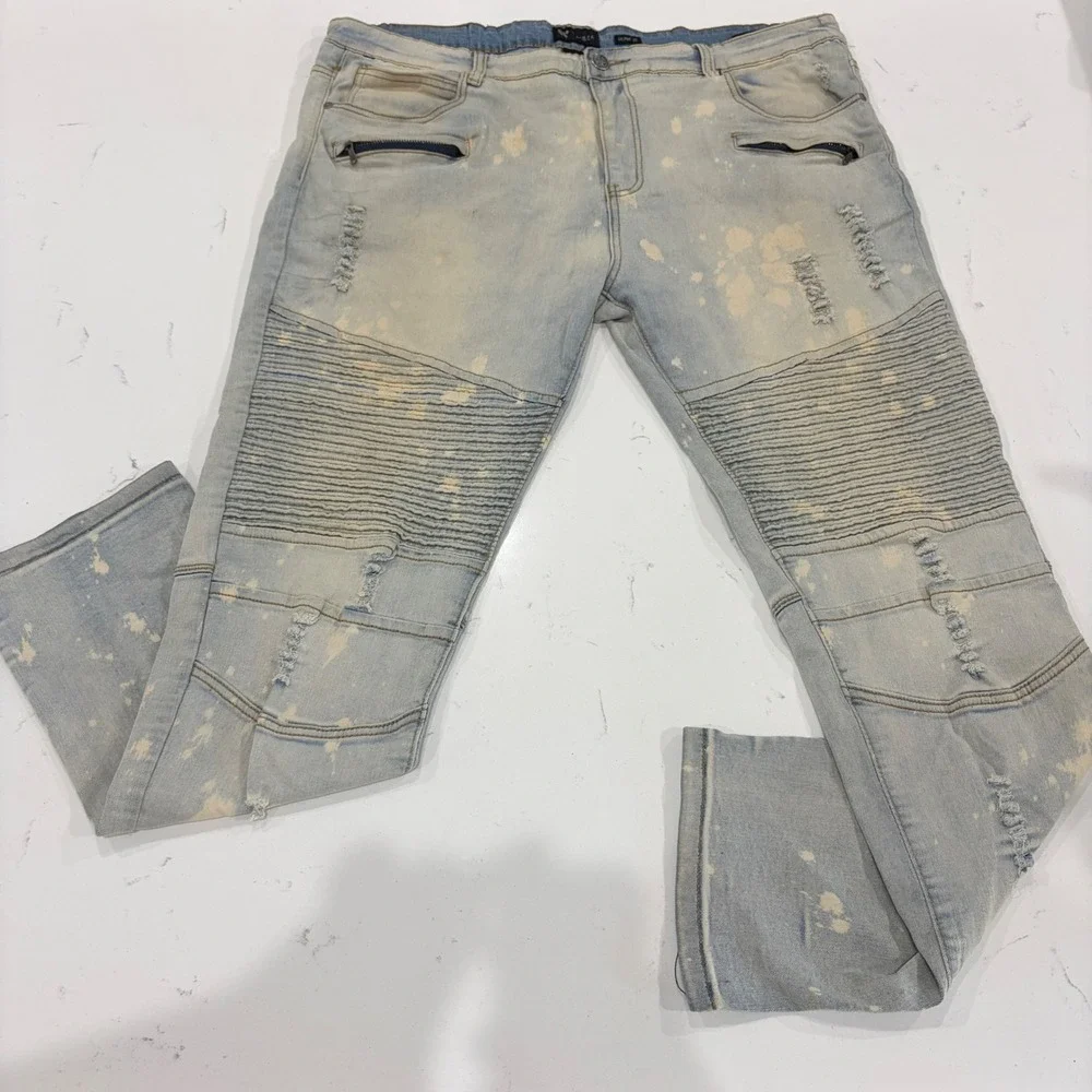 Waimea Mens Skinny Fit Biker Jeans Light Wash Bleach Splatter Distressed 40x32
